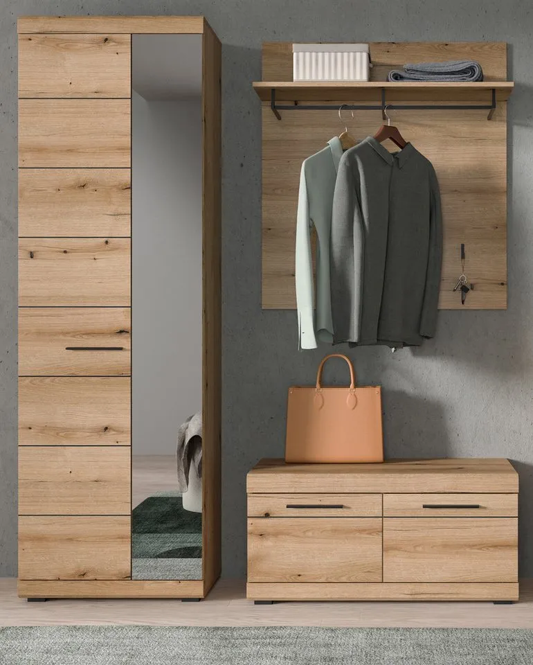 Inn.Furn Garderoben-Set Shawn, (Flurgarderobe in Evoke Eiche Dekor, 3-teilig, 165 x 197 cm), einrichtbar als Schuhschrank oder Garderobenschrank, Beige, – Produktbild 3 von 5