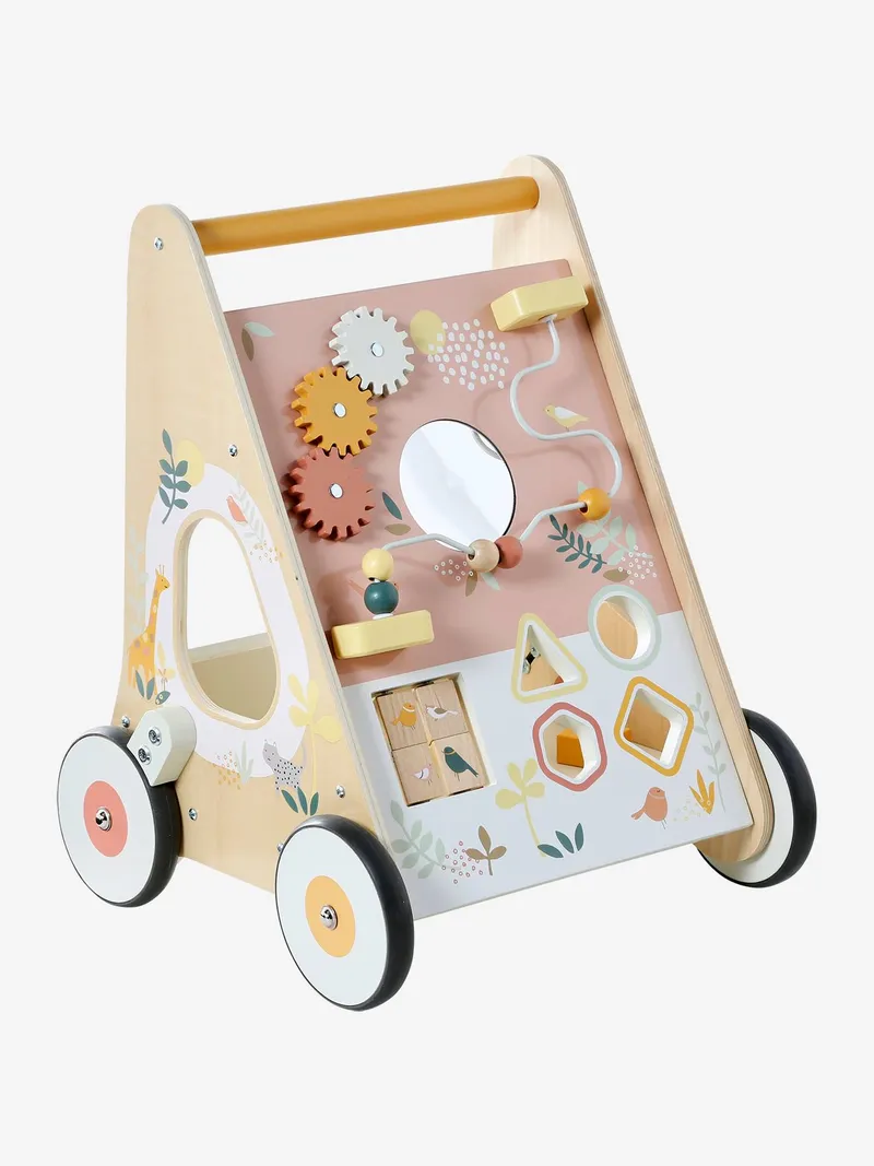 Vertbaudet Vertbaudet Activity-Lauflernwagen mit Bremsen Holz FSC®, Rosa savania, – Produktbild 3 von 4