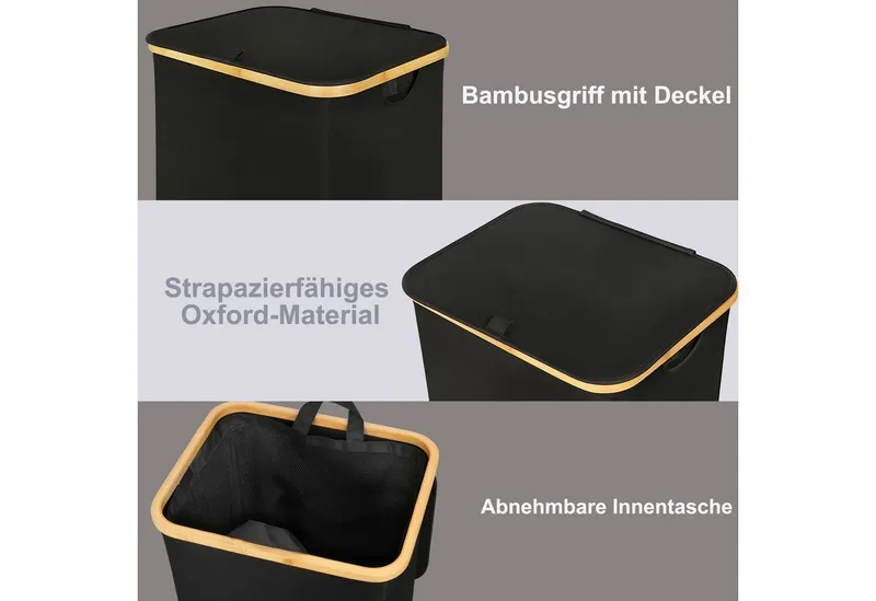SURFOU Wäschekorb Wäschesammler mit Deckel Laundry Baskets Waschesammelbox Wäschetonne (100L Große Speicherkapazität Faltbarer Wäschesack aus Oxford-Gewebe Bambus Wäschebox mit Griff, Grau/Schwarz, Laundry Baskets, Wäschetonne für Schmutzwäsche, mit herausnehmbaren und waschbaren Innensäcken), ideal für Schlafzimmer, Badezimmer und Waschküche, Schwarz, – Produktbild 5 von 5