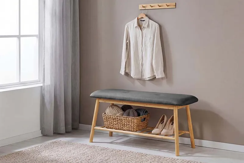 riess-ambiente Schuhbank ZEN-BO 90cm natur/grau - Bambus, FSC, Regal, Sitzbank, mit Stauraum (Einzelartikel, 1-St), Gepolsterte Garderobenbank aus Massivholz - ideal für Eingangsbereich, Grau, – Produktbild 4 von 5
