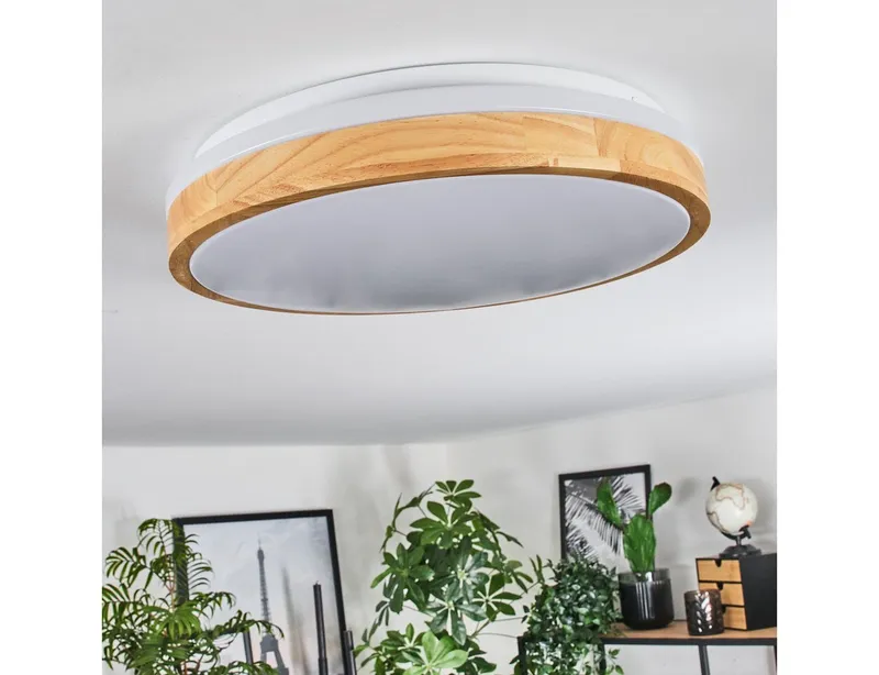 hofstein Deckenleuchte dimmbare Deckenlampe aus Metall/Bambus/Kunststoff in Weiß/Natur, LED wechselbar, 3000 - 6000 Kelvin, LED Leuchte(38cm), 2500 Lumen, 3000 -6000 Kelvin, inkl. Fernbedienung, Beige|weiß, – Produktbild 5 von 5