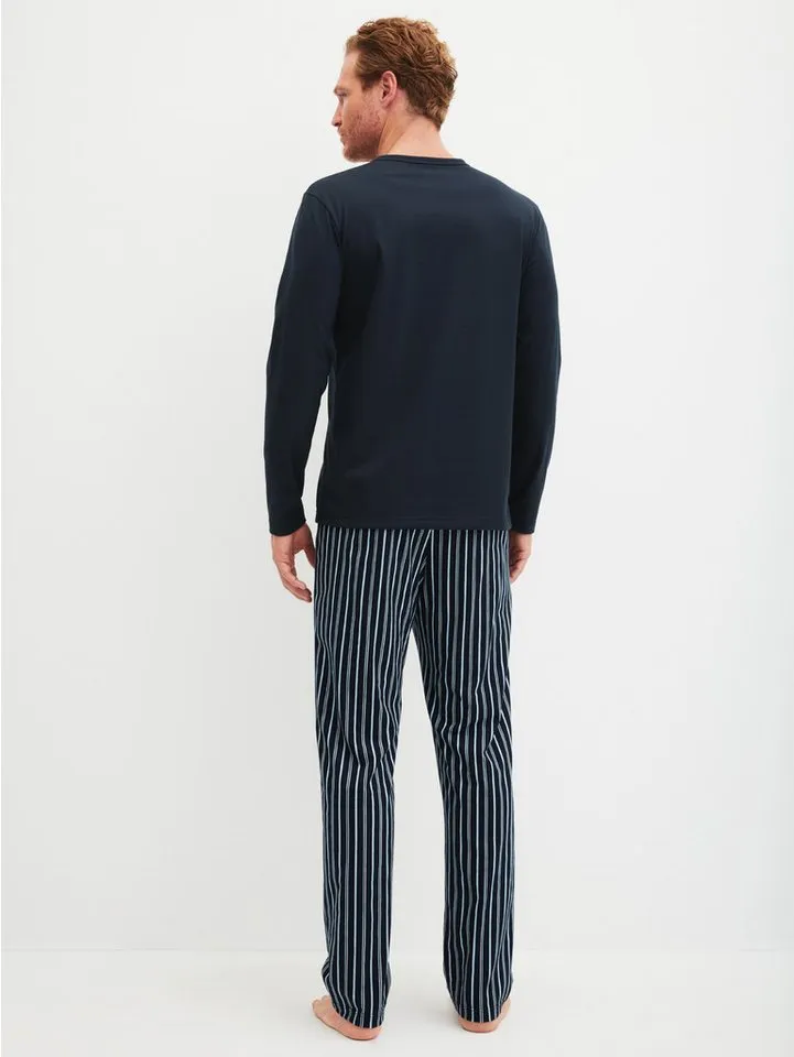 CALIDA CALIDA Schlafanzug Cotton Special (2 tlg) Langarm, V-Ausschnitt, Comfort Fit, lange Hose, Blau, – Produktbild 3 von 5