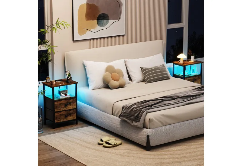 AMHANCIBLE Nachttisch 2er-Set mit integrierter Ladestation, LED-Beleuchtung & 2 Schubladen (2-St), multifunktionaler Beistelltisch mit offenem Fach, 40x30x60cm, Braun, – Produktbild 3 von 4