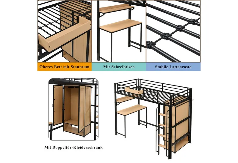 Odikalo Hochbett 90x200 Metallbett mit Schreibtisch,Kleiderschrank (Eisenbett, Jugendbett, Kinderbett, Mit Doppeltür-Kleiderschrank, Treppe mit Handläufen, Mit Schreibtisch und Aufbewahrungsregal, Oberes Bett mit Ablagefächern, Eisen + MDF, Schwarz+Natur – Produktbild 3 von 4
