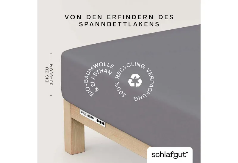 Schlafgut Schlafgut Spannbettlaken PREMIUM Mako-Zwirn-Jersey, 220 g/m², 95% Bio-Baumwolle, 5% Elasthan, Mako-Zwirn-Jersey, Gummizug: rundum, (1 Stück), Bettlaken bis 30 cm Höhe, PREMIUM-Qualität langlebig, perfekter Sitz, Grau, – Produktbild 2 von 5