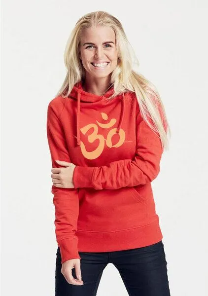 Peaces.bio - handbedruckte Biomode Peaces.bio - handbedruckte Biomode Bio-Damen-Kapuzensweater "Om", Rot, – Produktbild 2 von 2