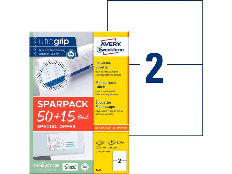 Avery Zweckform Avery Zweckform 130 Universaletiketten "6604" 50+15 Blatt, 210 x 148 mm – Produktbild 2 von 3