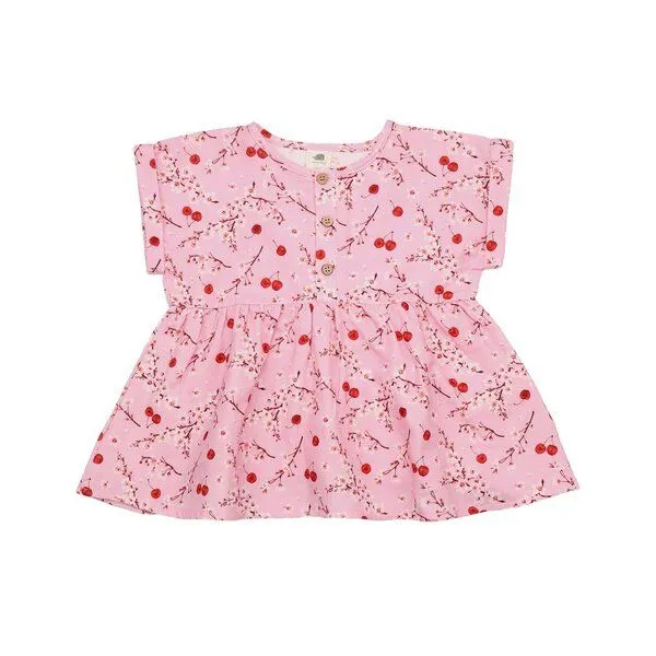 Walkiddy Walkiddy Mädchen Bluse GOTS zertifiziert – Rosa mit Kirsch- und Blütenmuster, Kurzarm, Blau, – Produktbild 1 von 3