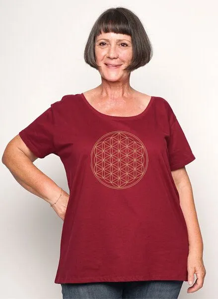 Peaces.bio - handbedruckte Biomode Peaces.bio - handbedruckte Biomode Loosefit Shirt Die Blume des Lebens, Bordeaux, – Produktbild 1 von 2