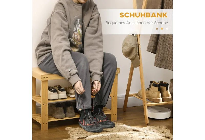 HOMCOM HOMCOM Schuhbank Sitzfläche und Stauraum, 2 Ablagen Flurbank für Wohnzimmer (Schuhregal aus Bambus, 1-St., Sitzbank), für Flur, Eingangsbereich, 70 x 28 x 45 cm, Beige, – Produktbild 5 von 5