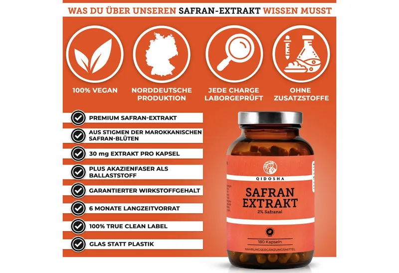 QIDOSHA Safran Kapseln 30 mg Hartkapsel, 1 er 180 St., 35,5 g, Safran-Extrakt aus Crocus sativus mit Safranal & Crocin – Produktbild 2 von 5