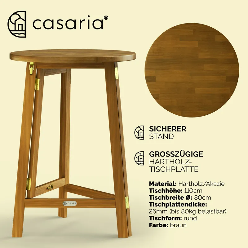 Casaria® Stehtisch klappbar Akazienholz Ø80cm H110cm wetterfest stabil, Braun, – Produktbild 1 von 2