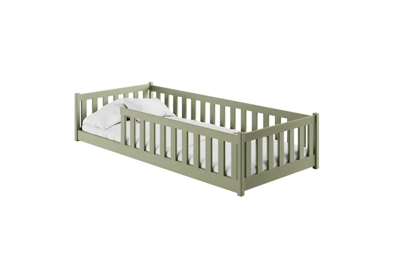 Kids Collective Kinderbett Bodenbett Bett mit Rausfallschutz & Lattenrost Montessori Bett Kinder (Jungen, Mädchen, Kinder, weitere Größen 80x180, 90x190, 90x200, 120x200, 140x200 cm), Jugendbett Gitterbett Einzelbett, Olivgrün Kiefer 80x160 cm, Grün, – Produktbild 2 von 5