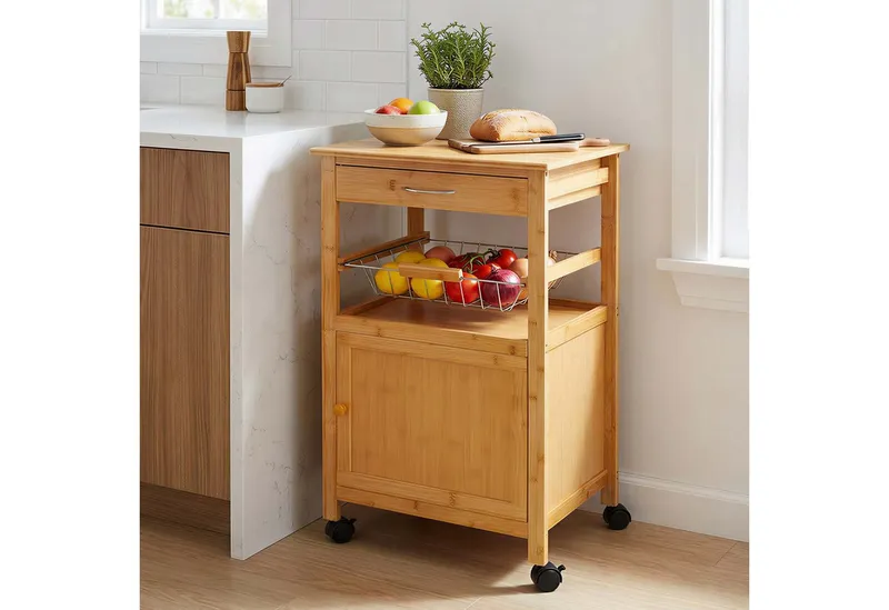 RELAXDAYS RELAXDAYS Küchenwagen Bambus Küchenwagen mit Schrank & Korb, (2 St), Braun|silberfarben, – Produktbild 3 von 5