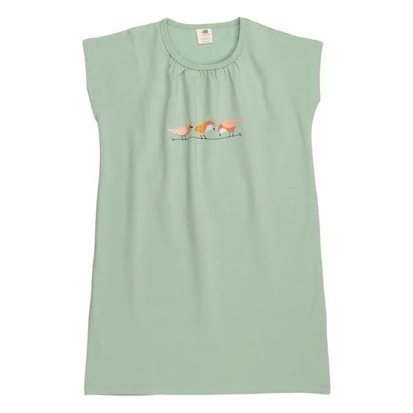 Walkiddy Kinder Nachthemd Bio-Baumwolle GOTS Pinky Birds Grün von Walkiddy, langes Schlafkleid mit Vogelprint, weich, atmungsaktiv, nachhaltig, ideal für erholsame Nächte empfindlicher Kinderhaut – Produktbild 1 von 3