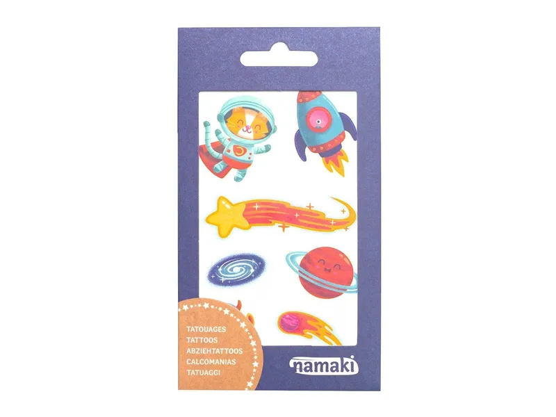Namaki Bio Kindertattoos Weltall, 2 Blatt pro Set Maße 8,50 x 15 cm, Mehrfarbig, – Produktbild 1 von 1