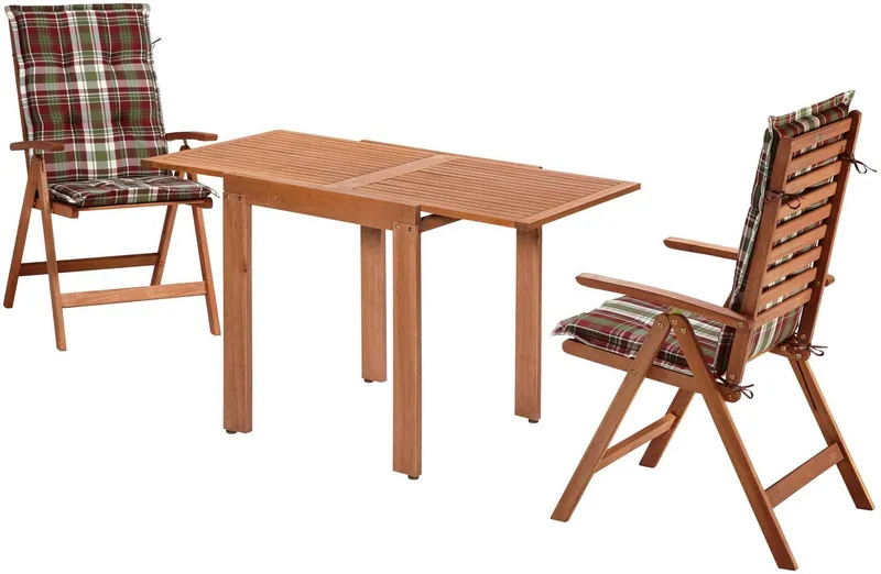 Merxx Merxx Balkonset Borkum, (5-tlg., 2x Klappsessel, inkl. Kissen, 1x Balkonausziehtisch 65(130)x65 cm), Eukalyptusholz, FSC® Mix, geeignet für 2 Personen, Braun, – Produktbild 3 von 5