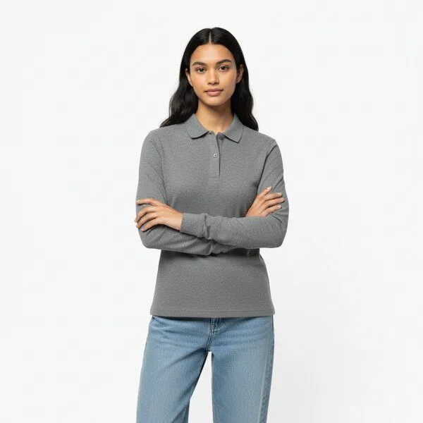 YTWOO YTWOO Damen Piqué-Polo Langarm, Grey heather, – Produktbild 2 von 3