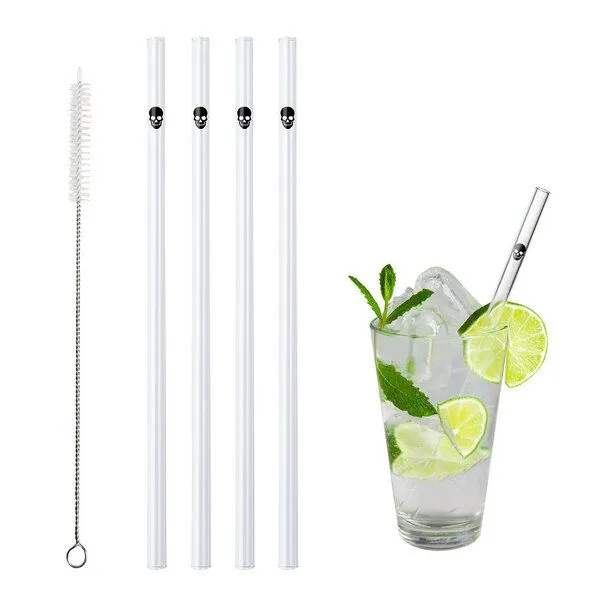 Contento Contento Glastrinkhalm 21 cm lang, 4 Stück, Totenkopf, mit Bürste – Produktbild 1 von 4