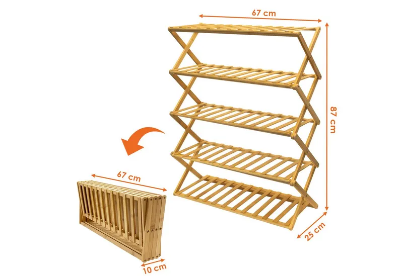 Spetebo Schuhregal Klappbares Bambus Schuhregal mit 5 Ablagen, Anzahl 1-tlg., platzsparendes Aufbewahrungsregal für Schuhe, Beige, – Produktbild 2 von 5