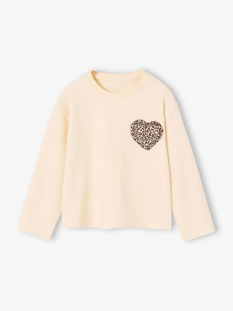 Vertbaudet Shirt mit Herz-Applikation Mädchen vanille/herz-leo, Vanille/herz-leo, – Produktbild 1 von 3