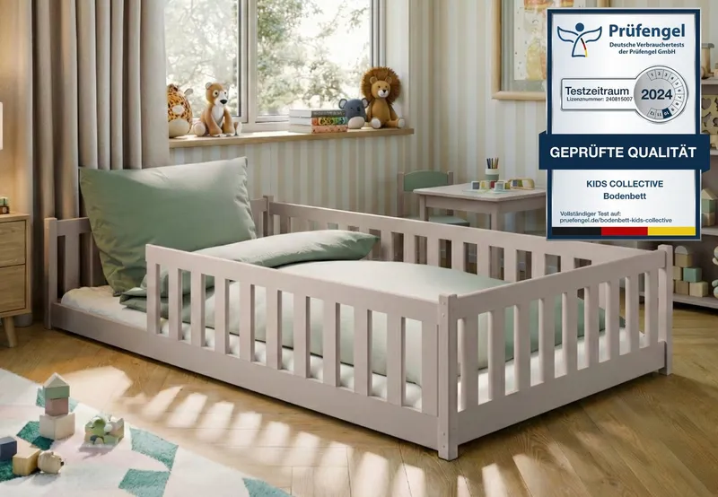 Kids Collective Kinderbett Bodenbett Bett mit Rausfallschutz & Lattenrost Montessori Bett Kinder (Jungen, Mädchen, Kinder, weitere Größen 80x160, 80x180, 90x190, 90x200, 140x200 cm), Jugendbett Gitterbett Einzelbett, Kaschmir Kiefer 120x200 cm, Grau, – Produktbild 2 von 5