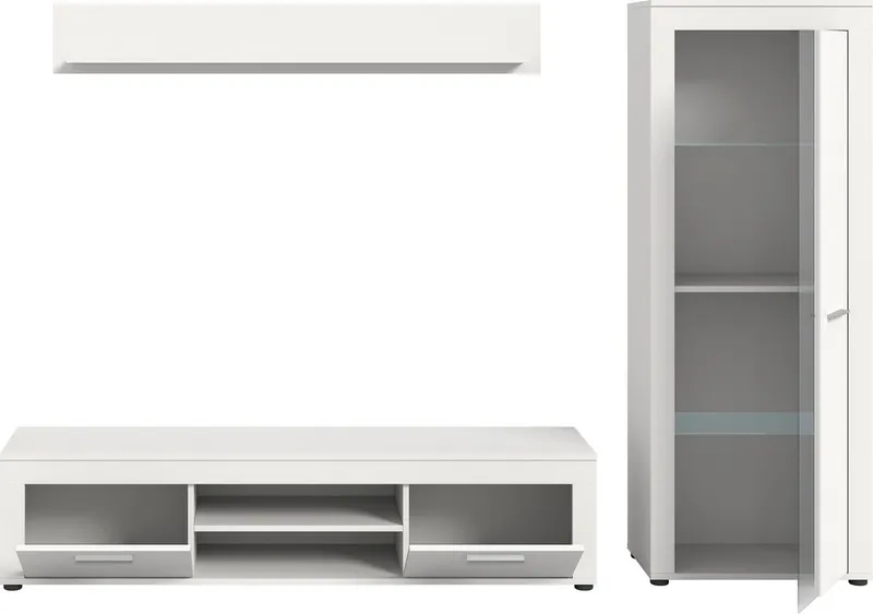 OTTO home Wohnwand AOSTA, Breite 235cm, 3-teilige Wohn-Kombination, (3-St., bestehend aus: Lowboard, Wandboard, Vitrine), Wohnwand, Kombination, Anbauwand, Möbel Set, Schrankwand, Möbel Kombi, Weiß, – Produktbild 3 von 4