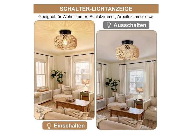 LMaxhome LED Deckenleuchte Hängend Boho Rattan Deckenlampe Vintage Kronleuchter Lampenschirm Flur, E27 Glühbirne LED fest integriert Bambus Wohnzimmer Esszimmer Lampe – Produktbild 3 von 5