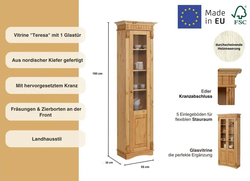 OTTO home Vitrine Teresa (Maße (B/T/H): ca. 55/32/193 cm) mit 1 Glastür, Höhe 193 cm, aus massiver Kiefer, FSC®, Beige, – Produktbild 1 von 5