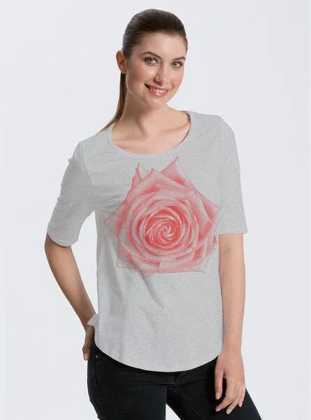 Peaces.bio - handbedruckte Biomode Peaces.bio - handbedruckte Biomode Bio-Halbarm Shirt Rose Damen, Hellgrau, – Produktbild 1 von 2