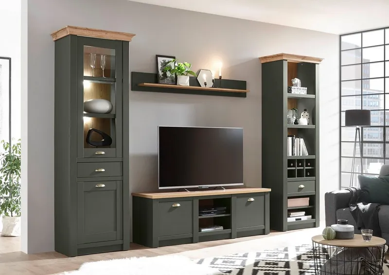 Home affaire Wohnwand Cambridge, moderne Anbauwand, Metallgriffen, Komplettset, Landhausstil, (Set, 4-St), enthält Regal, Vitrine, Lowboard und Wandboard, ohne Beleuchtung, Grün, – Produktbild 4 von 5