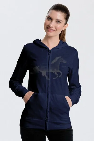Peaces.bio - handbedruckte Biomode Peaces.bio - handbedruckte Biomode Bio-Jersey-Zip-Hoodie Horsepower, Navy, – Produktbild 1 von 1