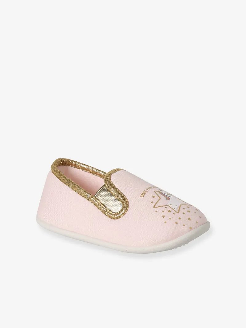 Vertbaudet Stoff-Hausschuhe mit Stern- und Einhorn-Print, Rosa bedruckt, – Produktbild 1 von 4