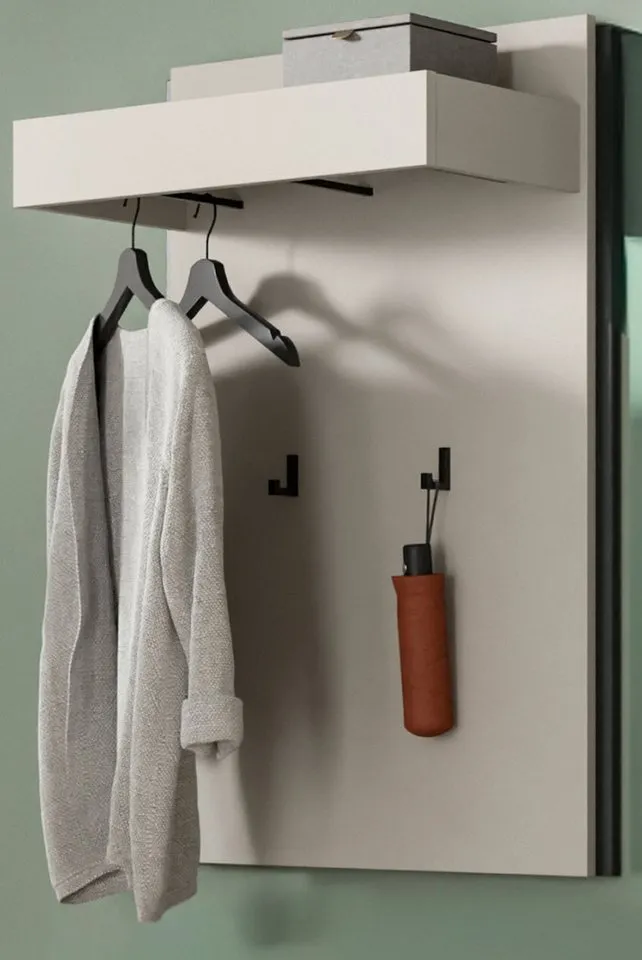 Inn.Furn Garderobenpaneel Nevia (Wandgarderobe in Kaschmir / Sand mit Schwarz, 75 x 106 cm), mit 5 Kleiderhaken und Kleiderstange, Beige, – Produktbild 2 von 5