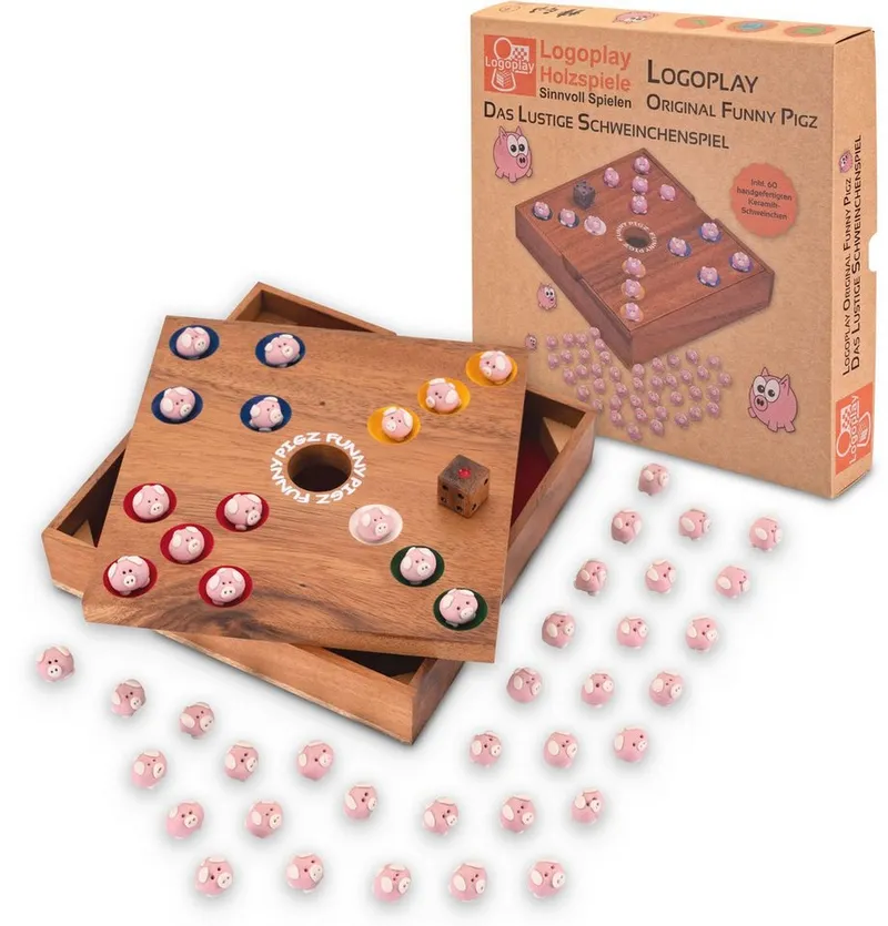 LOGOPLAY Spiel Original Funny Pigz mit Karton, Familienspiel, Original Funny Pigz Lustiges Schweinchenspiel-Würfelspiel aus Holz &, Beige, – Produktbild 2 von 5