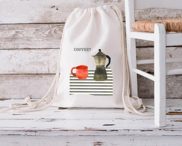 MelaDi MelaDi Stringbag und Sportbeutel aus Biobaumwolle - Kaffeepause auf Naturweiß – Produktbild 1 von 3