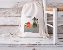 MelaDi MELAdi Stringbag und Sportbeutel aus Biobaumwolle - Kaffeepause auf Naturweiß – Produktbild 1 von 1