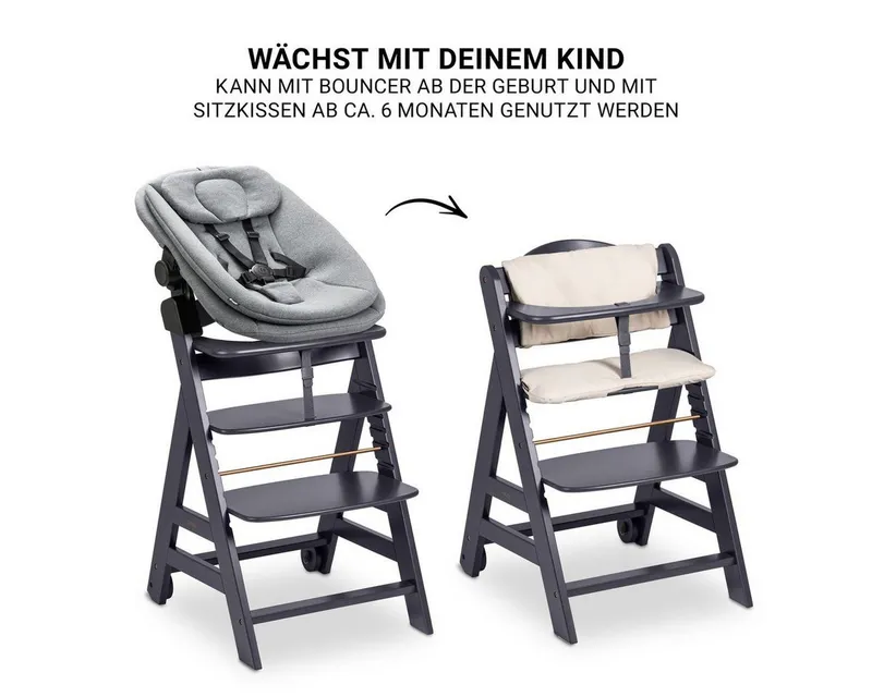 Hauck Hauck Hochstuhl Beta Plus Dark Grey Newborn Set 3in1 Bouncer (Set), Holz Babystuhl ab Geburt mit Neugeborenensufsatz, Sitzkissen, Essbrett, Grau, – Produktbild 4 von 5