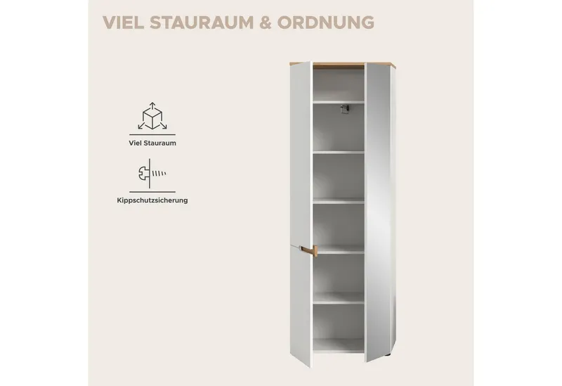 Home affaire Garderobenschrank REHAT, TOPSELLER!, Höhe 190cm, 2 Türen, 6 Fächer, 1 Kleiderstange (1-St., in verschiedenen Farben erhältlich) Garderobe, Flurschrank, Dielenschrank, Kleiderschrank, Garderobenmöbel, Weiß, – Produktbild 5 von 5