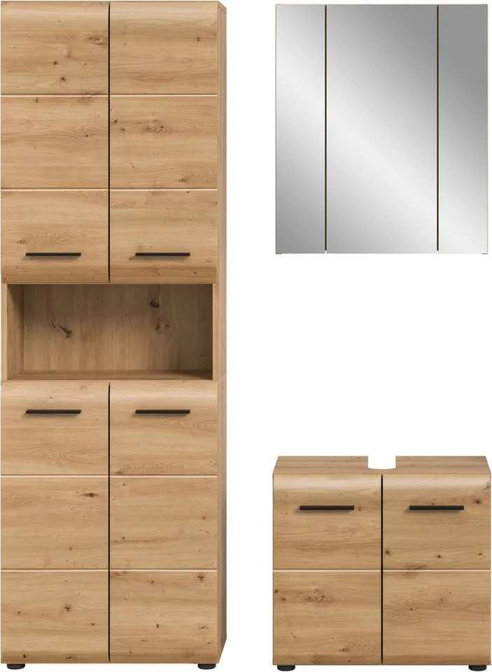 welltime Badmöbel-Set FLORENZ, 3-teilige Badkombination, hochwertige MDF-Front, (Set, 3-St., best. aus: 1 Hochschrank, 1Waschbeckenunterschrank, 1 Spiegelschrank), Bad-Kombination, Bad-Möbel, Badezimmer, Kombination, Kombi, Braun, – Produktbild 1 von 5