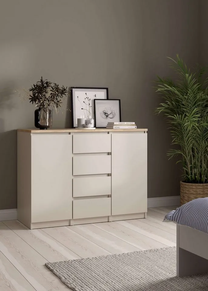 Home affaire Kommode Naia - 4 Schubladen & 2 Türen, grifflose Front, Made in Denmark (Breite: 121 cm, in mehreren Farben), Sideboard, skandinavisches & modernes Design mit viel Stauraum, Braun, – Produktbild 3 von 8