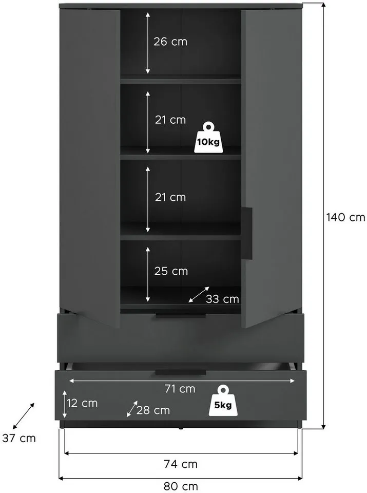 xonox.home Wäscheschrank in anthrazit B/H/T: 80x140x37 cm, Grau, – Produktbild 4 von 5