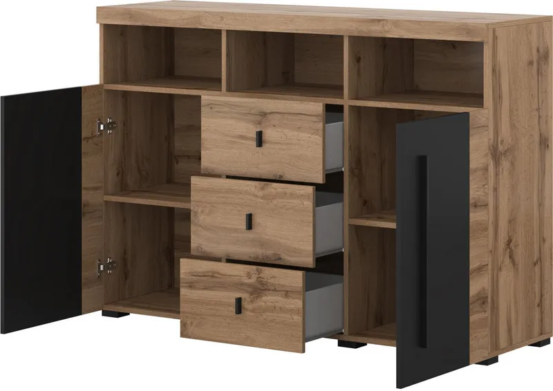 OTTO home Sideboard Roger,Breite 132cm, stilvolle Schrank, 2 Holztüren 3 Schubladen, Kommode mit viel Stauraum, Einlegeböden verstellbar, Beige|schwarz, – Produktbild 5 von 5