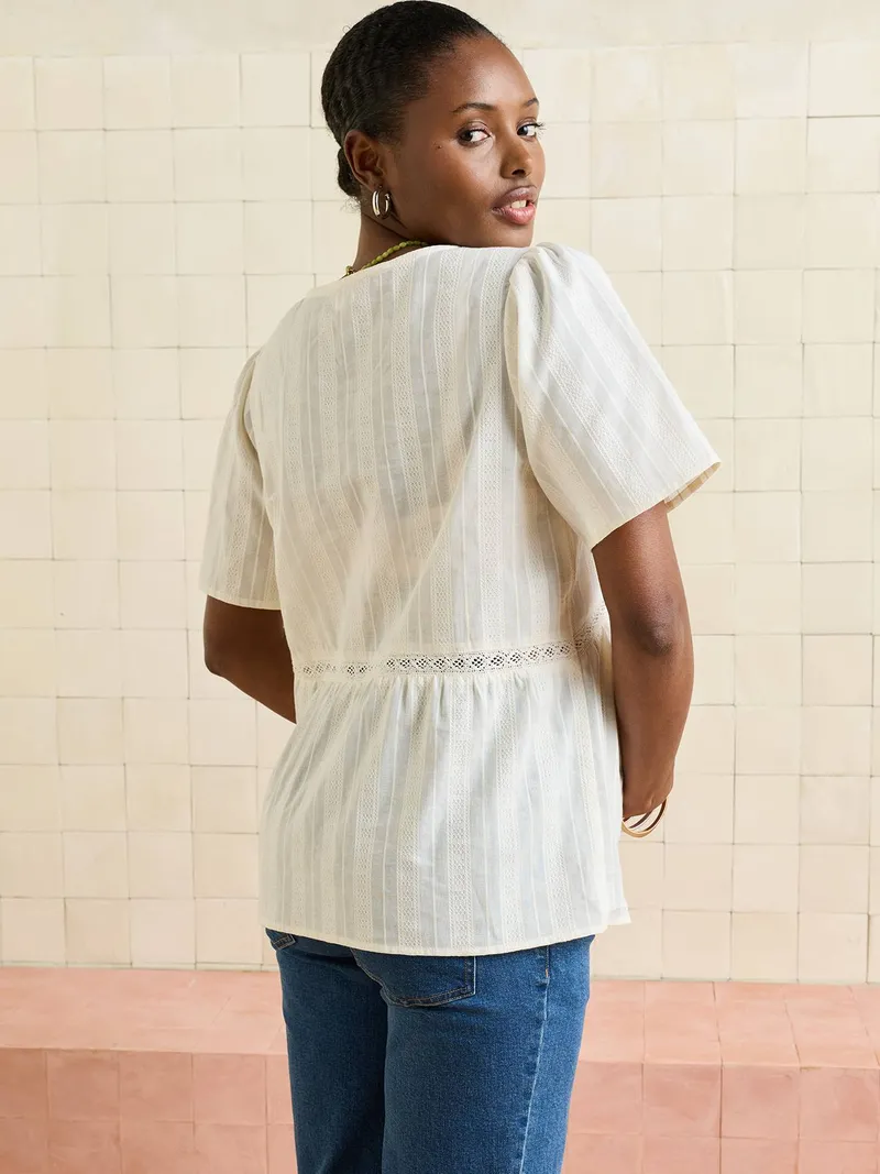 Vertbaudet Umstandsbluse mit V-Ausschnitt aus Baumwoll-Leinen-Mix, Wollweiß, – Produktbild 4 von 4