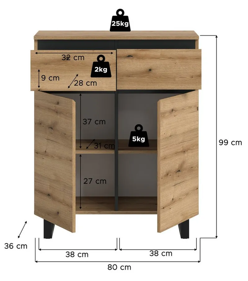 Newroom Sideboard Wildeiche 80 cm, Kommode Wildeiche Elegant Sideboard Highboard Schlafzimmer Anrichte..., Braun, – Produktbild 4 von 5