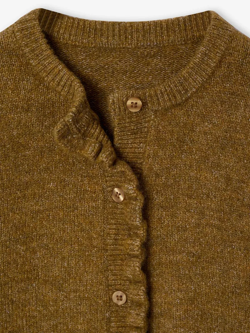 Vertbaudet Strickjacke mit Rüschen Mädchen 42% Recycling-Polyester GRS-zertifiziert, Olivgrün, – Produktbild 2 von 2