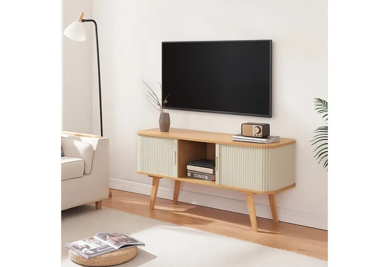 en.casa TV-Schrank »Tysvær« mit 2 Schiebetüren 120 x 40 x 58 cm Bambus/Cremeweiß, Beige, – Produktbild 2 von 5