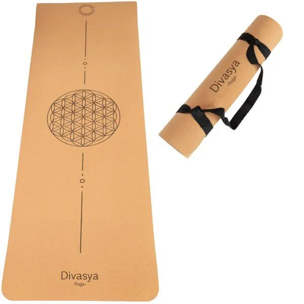 Divasya Divasya Leichte Kork Yogamatte | rutschfest & nachhaltig | in 4 Yoga-Designs | mit Tragegurt, Natural, – Produktbild 1 von 8