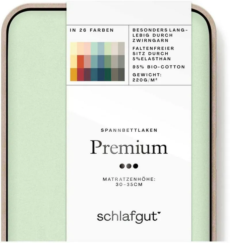 Schlafgut Schlafgut Spannbettlaken PREMIUM Mako-Zwirn-Jersey, 220 g/m², 95% Bio-Baumwolle, 5% Elasthan, Mako-Zwirn-Jersey, Gummizug: rundum, (1 Stück), Bettlaken bis 30 cm Höhe, PREMIUM-Qualität langlebig, perfekter Sitz, Grün, – Produktbild 3 von 5