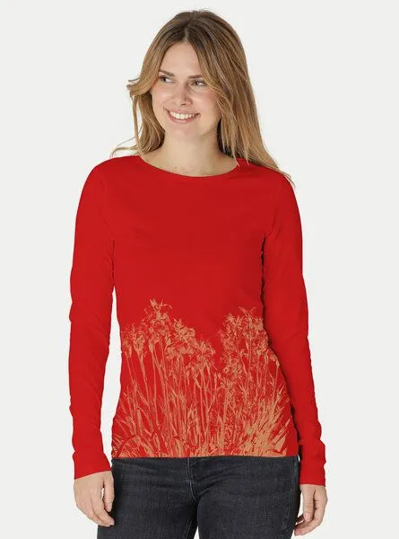 Peaces.bio - handbedruckte Biomode Peaces.bio - handbedruckte Biomode Langarmshirt Damen Mystic Iris, Rot, – Produktbild 2 von 2